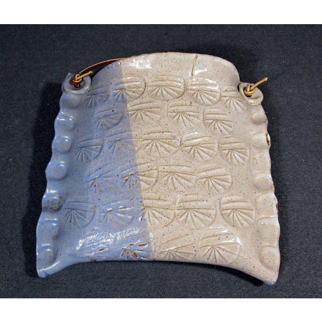 1990s Signed Handmade Studio Pottery Wall Pocket With Leather Strap For Sale - Image 4 of 8