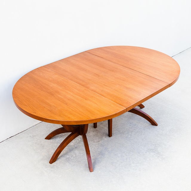 Monumental Mid Century Modern Expandable Pedestal Base Dining Table in Walnut For Sale - Image 14 of 15