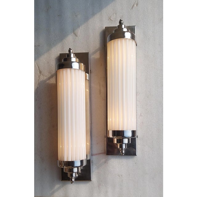Vintage Art Deco Skyscraper Wall Sconces Fixture in Nickel Brass & Milk Glass - a Pair For Sale - Image 4 of 7