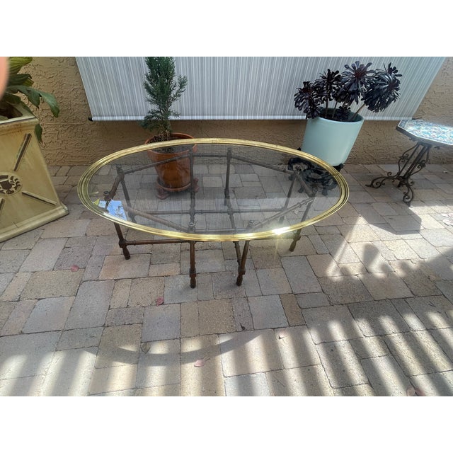 Mid-Century Modern 1960s Mid Century Brown Lacquer Bamboo Base Brass Tray Thick Glass Top Coffee Table For Sale - Image 3 of 8