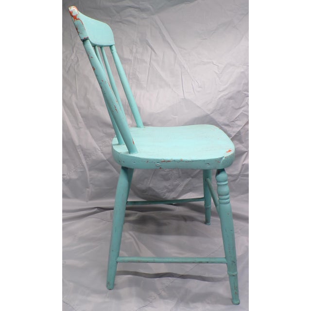 Early 20th Century Vintage Chippy Turquoise Wooden Farmhouse Shabby Chic Accent Chair For Sale - Image 5 of 13