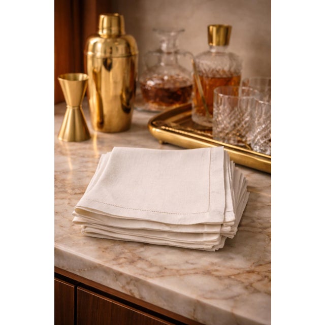 Modern Vintage Cocktail or Luncheon Napkins – White Hemstitched - Table Linens - Dinner Napkins - Set of 12 For Sale - Image 3 of 12
