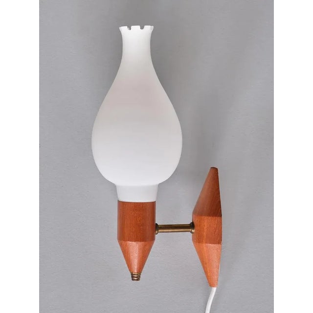Mid-Century Modern Swedish Modern Teak Wood, Brass and Opaline Glass Wall Lamps, Sweden, 1950s, Set of 2 For Sale - Image 3 of 10