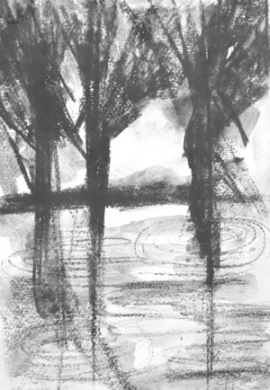"Forest by the Lake" Modern Charcoal on Paper Drawing