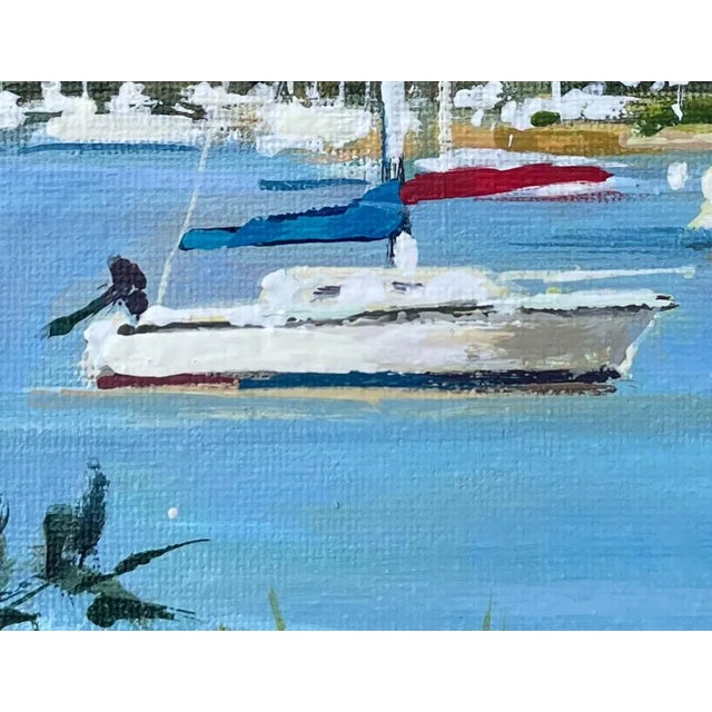 Contemporary "Moored Sailboats in the Cove" Contemporary Original Beach Scene Acrylic Painting by Scott Hewett, Framed For Sale - Image 3 of 3
