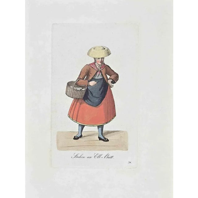Hand-colored etching by Christoph Suhr in 1808. Belongs to the series "Der Ausruf in Hamburg dargestellt in einhundert und...