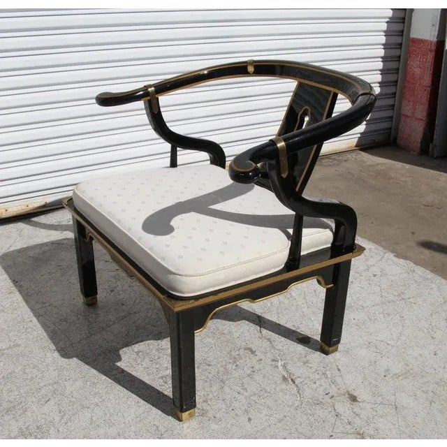 Hollywood Regency 1970s Ming Style Black Lacquer & Brass Low Chair After James Mont For Sale - Image 3 of 13