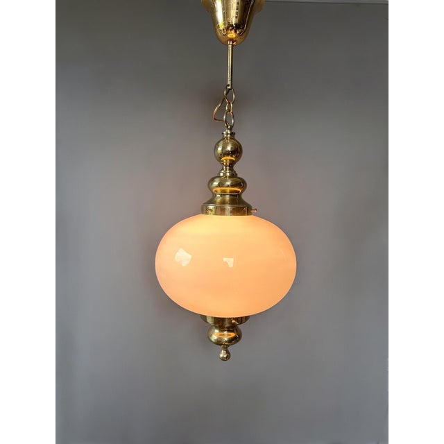 Mid-Century Modern Vintage Pendant Lamp with Opal Glass Globe and Brass Details, 1970s For Sale - Image 3 of 8