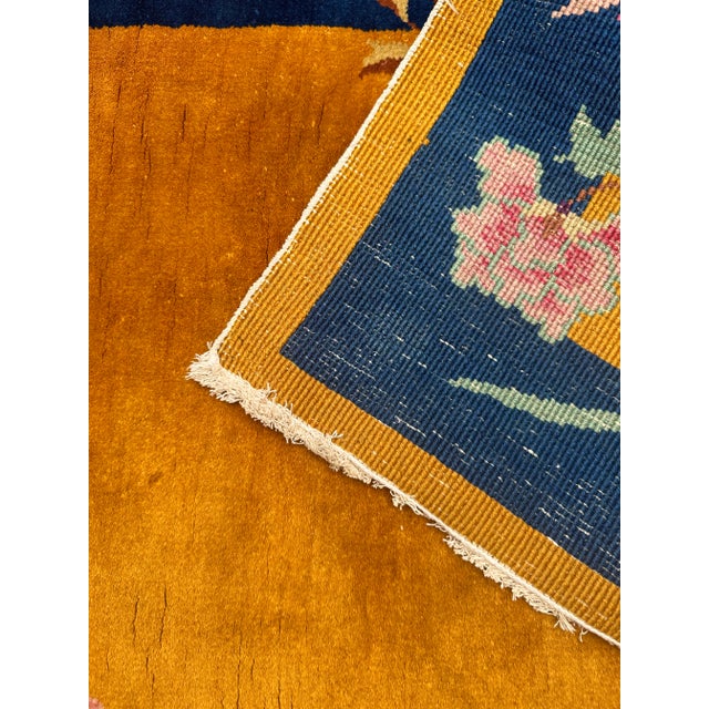 1920s Orange and Blue Floral Vintage Chinese Art Deco Wool Rug | 2'05" X 4'02" For Sale - Image 4 of 5