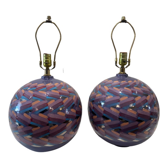 Set of 2 Vintage Hand Painted Patterned Lamps For Sale