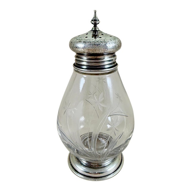 Art Deco Era Whiting & Company Sterling Silver & Etched Glass Sugar Castor For Sale