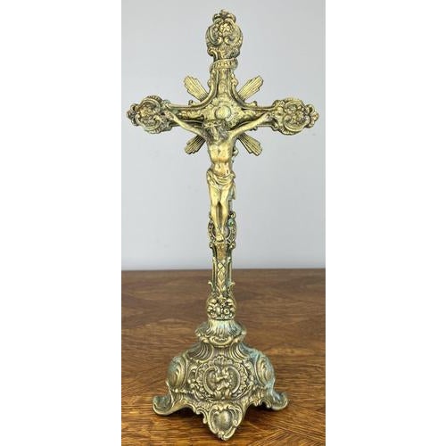 Vintage French Brass Religious Ornate Altar Cross For Sale - Image 13 of 13