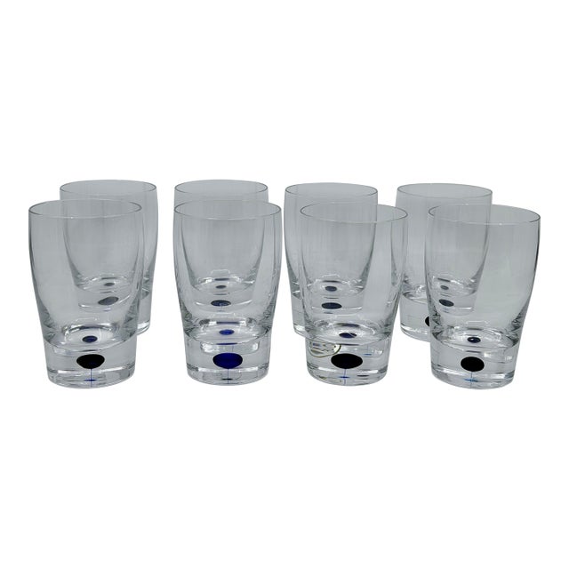 Intermezzo Blue Dot Orrefors Sweden Crystal Cocktail Glasses - Set of 8 Signed New With Original Stickers For Sale