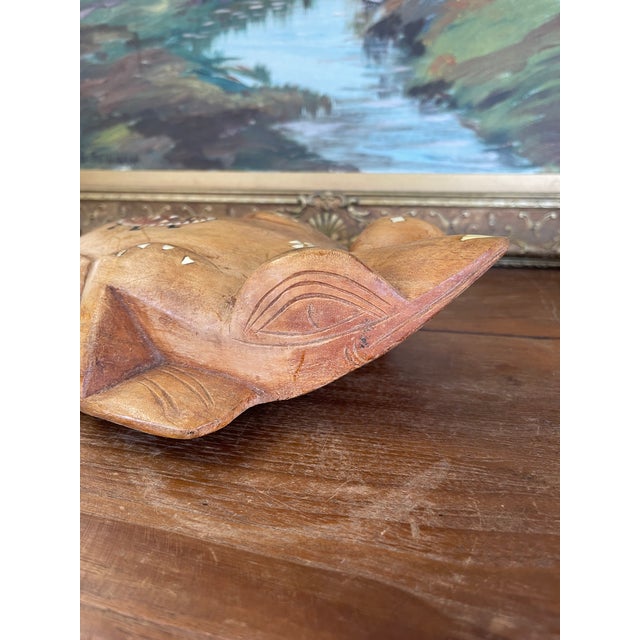 1970s Hand-Carved Wooden Frog Wall Plaque With Inlay and Tribal Motif Design For Sale - Image 10 of 11