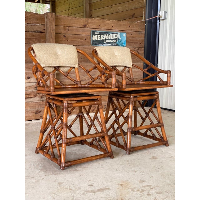 Vintage Coastal Chippendale Rattan Swivel Counter Stools-Pair For Sale - Image 10 of 12