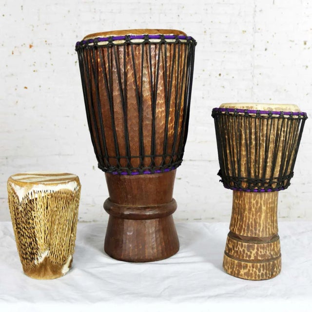 Vintage Trio of Tribal Drums Carved Wood and Animal Hide For Sale - Image 13 of 13