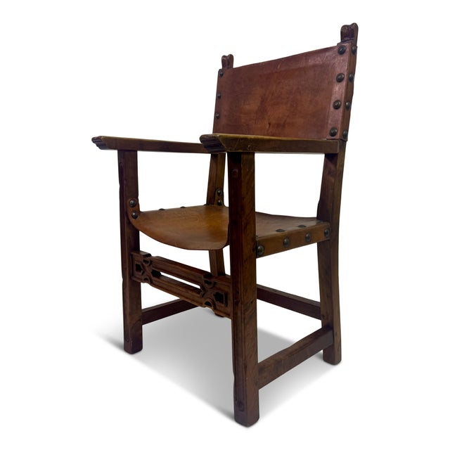 Vintage Spanish Walnut and Leather Armchair, 1950s For Sale - Image 16 of 16