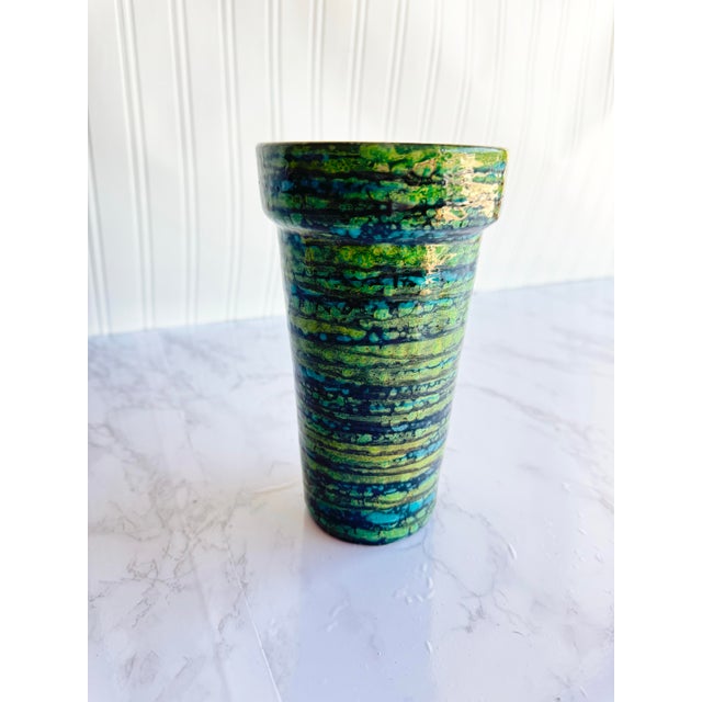 This striking vintage Italian pottery vase, marked "Made in Italy" on the bottom, features a mesmerizing drip glaze finish...