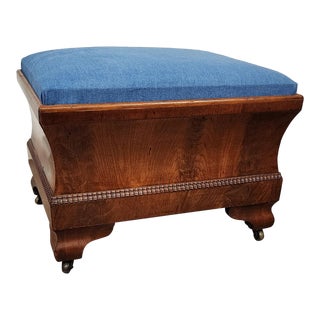 Mid 19th Century Antique American Empire Classical Greco Flame Mahogany Sarcophagus Shaped Storage Ottoman For Sale
