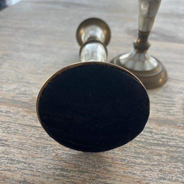 1970s Brass and Mother of Pearl Candle Sticks For Sale - Image 4 of 6