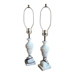 Vintage Carved Marble Table Lamp Set With Urn Form Base | Neoclassical Mid-Century For Sale