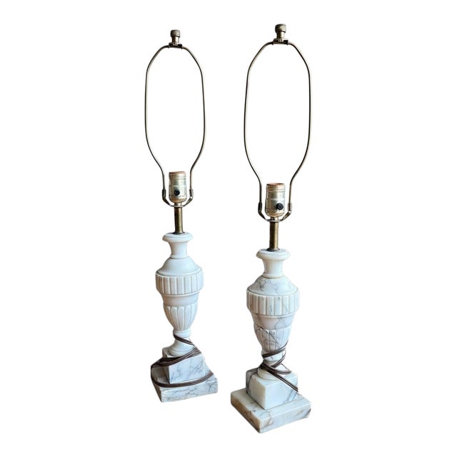 Vintage Carved Marble Table Lamp Set With Urn Form Base | Neoclassical Mid-Century For Sale