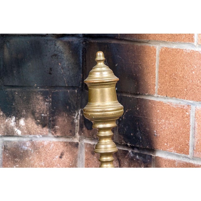 Pair of 19th Century Brass Finial Top Andirons, multi turned, with double spurred arched legs on ball feet Condition Wear...