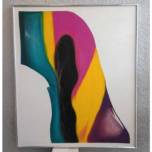 Elevate your space with this striking, large-scale mid-century modern abstract painting dating to the 1970s. This...