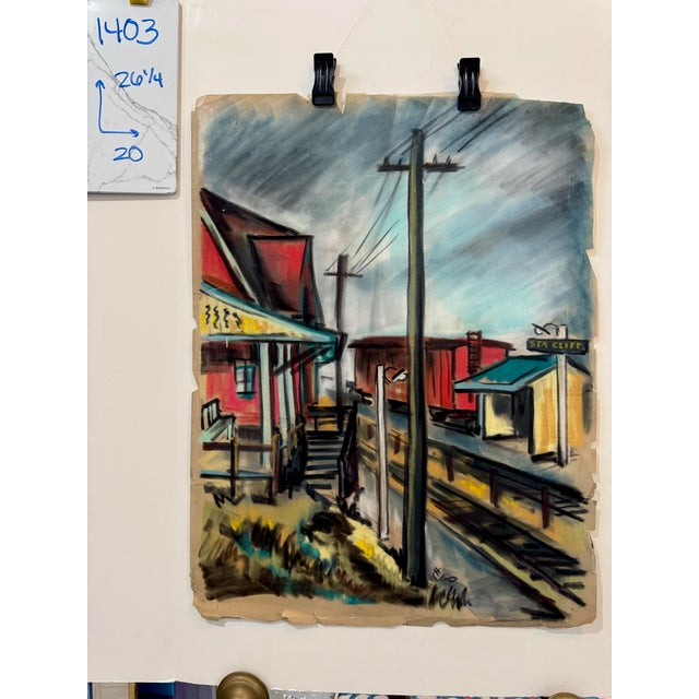 Henry Emil Salloch Original Watercolor on Paper Mid-Century Modern Railroad Station, 1960. For Sale - Image 9 of 9