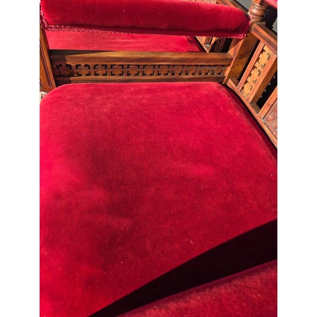 19th C Victorian Church Altar Bench Red Velvet Carved Wood 52" For Sale - Image 10 of 12