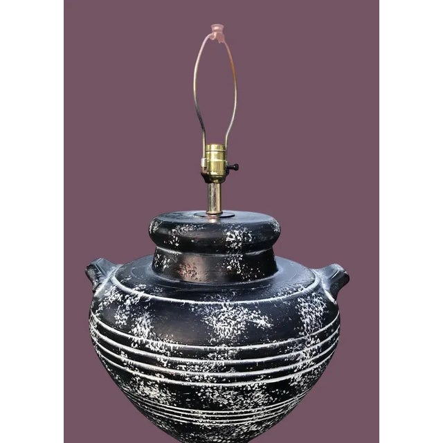 Brutalist Large Vintage 1980s Ceramic Urn Lamp With Plaster Shade For Sale - Image 3 of 7