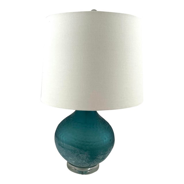 Aqua Blue Carved Art Glass Crystal Table Lamp For Sale