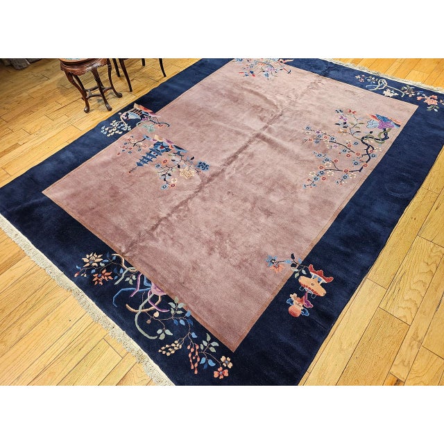Eggplant Vintage Hand-Knotted Chinese Art Deco Rug, Wool Pagoda Floral Motif, 9' x 12' For Sale - Image 8 of 17