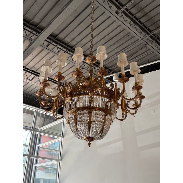 Antique Beaux Arts Bronze Crystal Basket 16 Light Chandelier Rewired For Sale In Minneapolis - Image 6 of 15