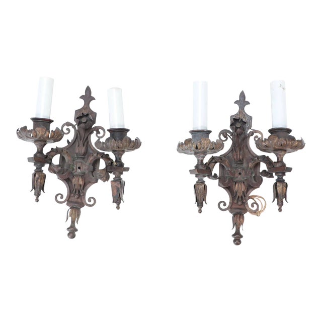 Pair of Antique Wrought Iron Floral Sconces. Circa 1920 For Sale