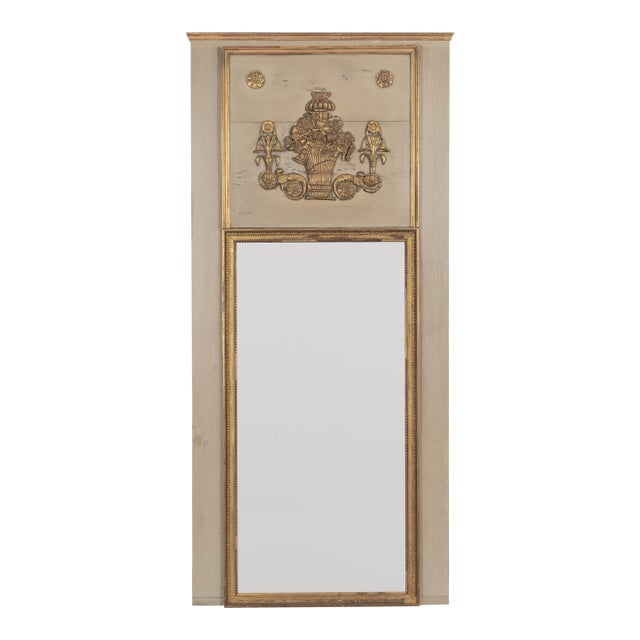 Louis XVI Style Trumeau Mirror, Painted Pine Frame, Gilded Trim, 1900s For Sale