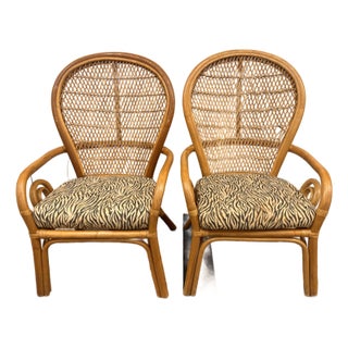 PAir of 1970s Rattan Lounge Chairs With Zebra Upholster For Sale
