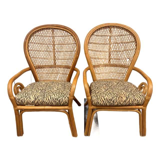 PAir of 1970s Rattan Lounge Chairs With Zebra Upholster For Sale
