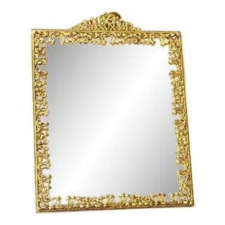 French Victorian Style Gold-Gilded Brass Framed Vintage Wall or Table Mirror With Flowers Decoration on the Frame For Sale