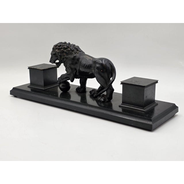 19th C Victorian Cast Iron Lion Double Inkwell Desk Set Antique Black Japanned. For Sale - Image 16 of 18