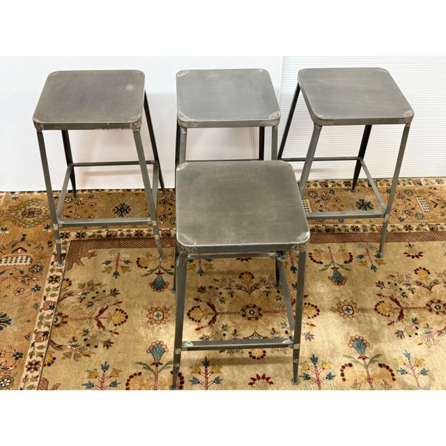 Industrial Cb2 Flint Metal Counter Stools, Set of Four For Sale - Image 3 of 11