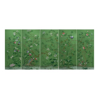 30"*72"/Panel, a Set of 5 Chinoiserie Tropical Forest Birds and Flowers on Emerald Silk Panels For Sale