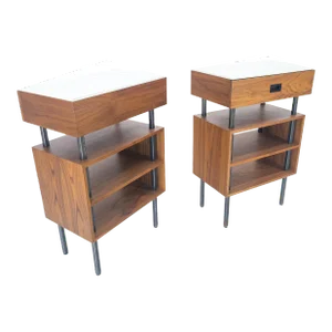 Oiled Walnut 1 Drawer 3 Tier Side End Tables Stands Composite Top - A Pair