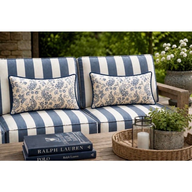 Contemporary One Pair Ralph Lauren Indoor Outdoor Lumbar Pillows With Contrast Welt and Inserts For Sale - Image 3 of 4