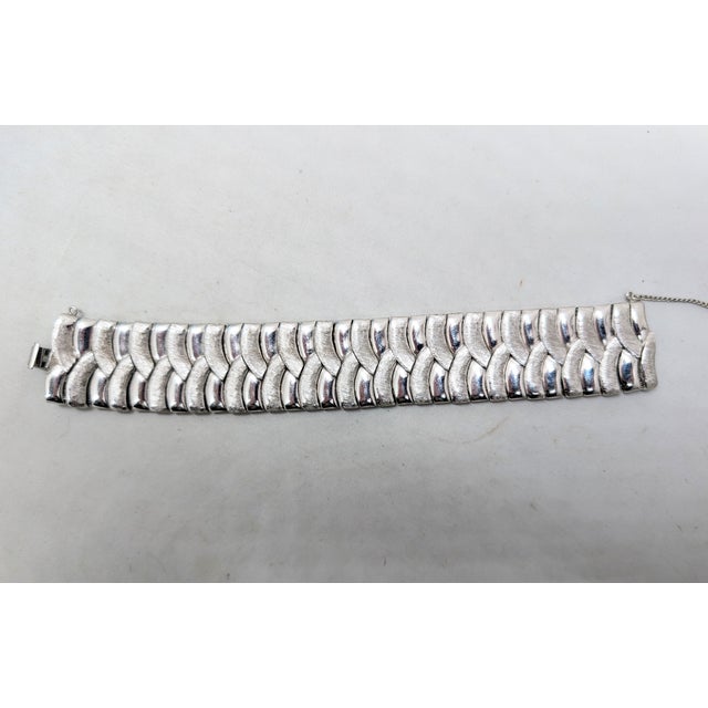 Metal Vintage 1958 Signed Crown Trifari Rhodium Plated Asian Inspired Wave Design Bracelet For Sale - Image 7 of 11