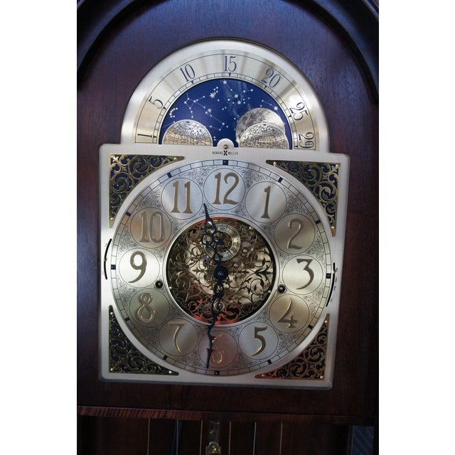 Vintage Howard Miller Georgian Style Flame Mahogany Moon Dial Grandfather Clock For Sale - Image 6 of 16
