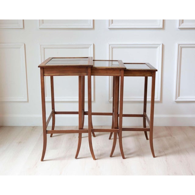 Brown Set of Three Mahogany Nesting Tables with Glass Tops, France, Mid-20th Century For Sale - Image 8 of 17