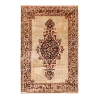 1940s ScattIer Ivory Medallion Diamond Antique Qum Silk Handknotted Wool Rug For Sale