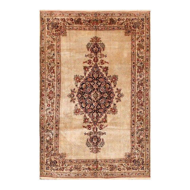 1940s ScattIer Ivory Medallion Diamond Antique Qum Silk Handknotted Wool Rug For Sale