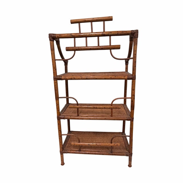 Vintage petite pagoda rattan and seagrass bookcase etagere. Measures 18” w x 10” d x 35” h, 8.5” height between shelves. A...